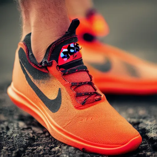 Prompt: Nike causal shoe inspired by volcanos and lava. Sigma 85mm f/8, high detail, bright color scheme,