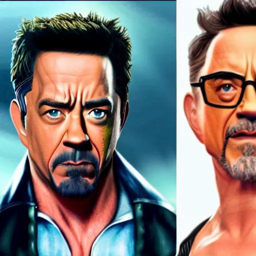 Image similar to a mortal kombat fight of tom hanks vs robert downey jr