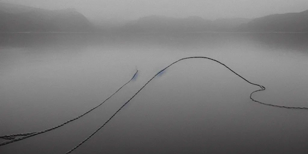 Image similar to an infinitely long rope floating to surface of water snaking zig zag in the center of the lake, overcast lake, 2 4 mm leica anamorphic lens, moody scene, stunning composition, hyper detailed, color kodak film stock