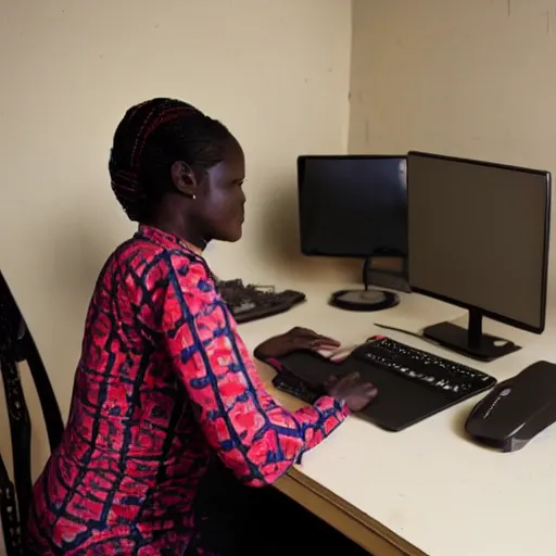 Prompt: A Kenyan businesswoman playing CS:GO on her computer, over the shoulder view