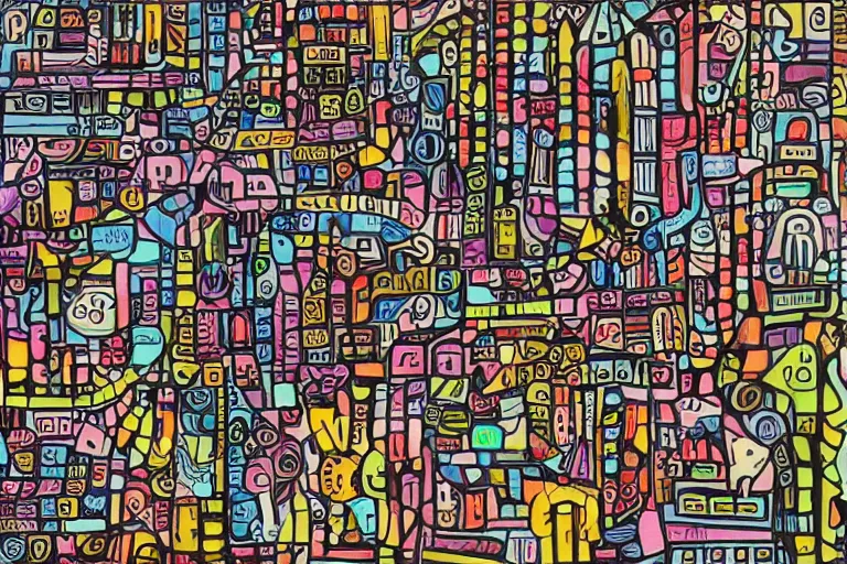 Image similar to an elaborate penned child illustration of a colorful intricate connected city of tubes and pipes, by jan van haasteren