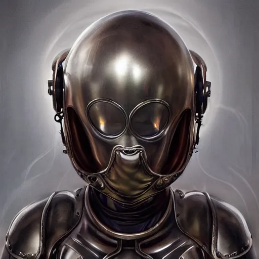 Image similar to tom bagshaw, curiosities carnival fallout, photorealistic medium shot soft paint of a single beautiful bald female full long futuristic metallic armor very tight metal helmet tentacles geared ornate, face, gynoid cyborg body, accurate features, focus, very intricate ultrafine details, award winning masterpiece