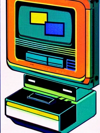 Prompt: full - color 1 9 8 3 magazine advertisement for a retro - futuristic cartridge - based video - game console with an external floppy - disk drive, which is displaying a pixel - art game on a small crt monitor. cassette - futurism ; cassette - punk ; retrofuturism.