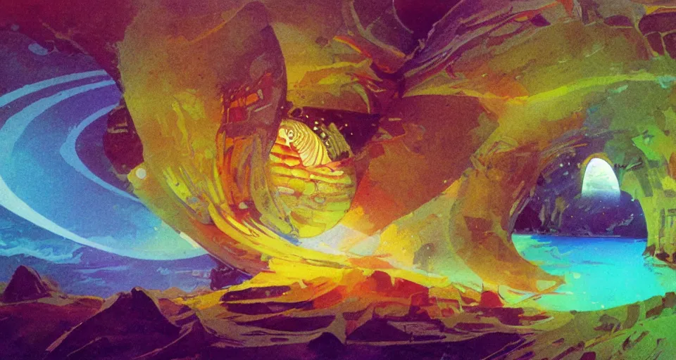Image similar to i live in a seashell, concept art by bill sienkiwicz and john harris, triadic color scheme