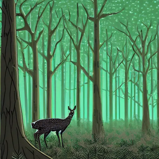 Prompt: a cybernetic ecology. joined back to nature, all watched over by machines of loving grace. a cybernetic forest filled with pines and electronics where deer stroll peacefully past computers as if they were flowers with spinning blossom