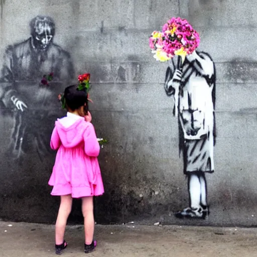 Image similar to a young girl giving flowers to a poor man by Banksy