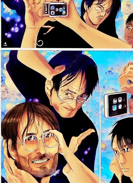 Image similar to steve jobs revealing the iphone as manga, 8 k, color, by katsuhiro otomo and hiroya oku and makoto yukimura