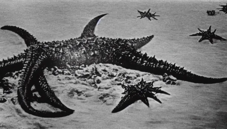 Image similar to rare vintage footage of a giant Kaiju Starfish monster, overshadowing Kim Jong-il, shin sang-ok and Choi Eun-hee escaping, 1985, Pyongyang, obscured underexposed view