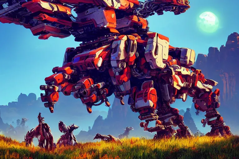 Image similar to grazer machine mecanical creature robot of horizon forbidden west horizon zero dawn radiating a glowing aura global illumination ray tracing hdr fanart arstation by ian pesty and alena aenami artworks in 4 k