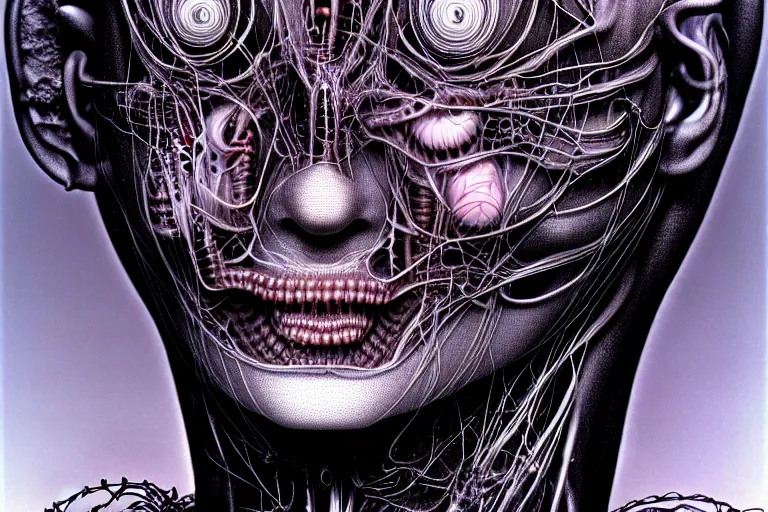 Prompt: portrait of neural nightmares by yoshitaka amano and HR Giger, detailed face face face face, facial structure, hd, 8k, very very very very electronic, biomechanical, biology, bio, neural machine H 768