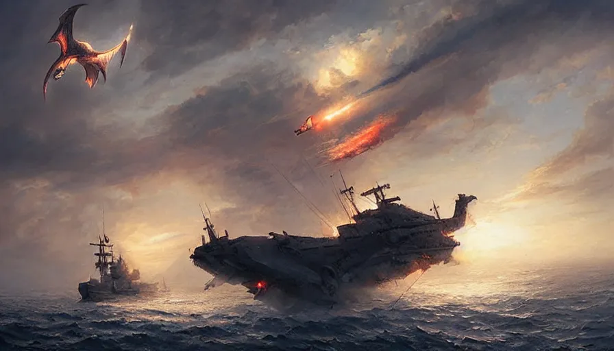 Image similar to dragon breathing fire in the sky above a single navy sailing ship by greg rutkowski