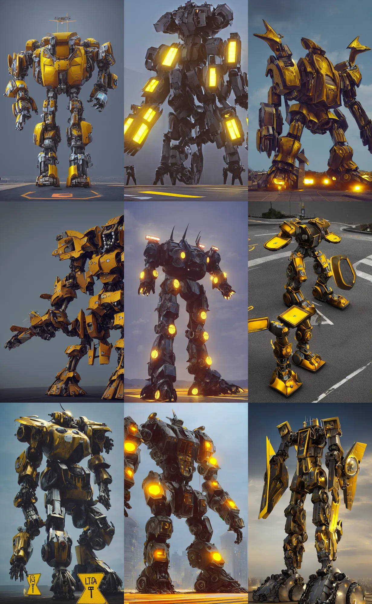 Prompt: giant mecha gladiator made of plated yellow road signs and, stop sign head, character design trending on artstation, mecha, unreal engine, octane render, detailed model, hardsurface modelling, heavily stylized