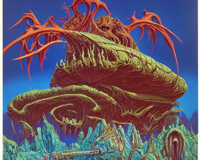 Image similar to roger dean 1 9 8 0 s heavy metal imagery satanic symbolism, illustration art, album art