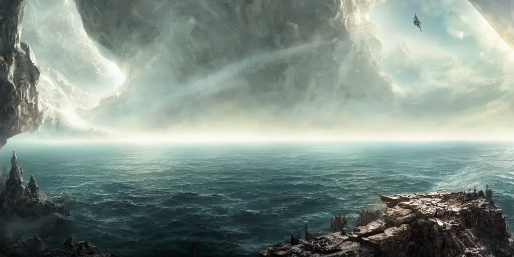 Image similar to the edge of the world ends with a cliff to space, High fantasy, Cinematic Matte Painting, Insanely Detailed, Award Winning, Trending on Artstation, 8k, UHD