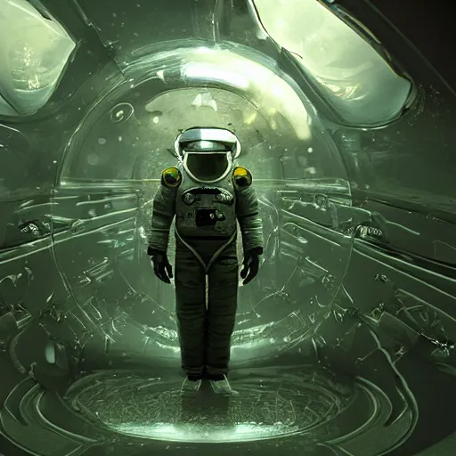 Image similar to concept art by craig mullins astronaut in futuristic dark and empty spaceship underwater. infrared complex and hyperdetailed technical suit. mandelbulb fractal. reflection and dispersion materials. rays and dispersion of light. volumetric light. 5 0 mm, f / 3 2. noise film photo. flash photography. unreal engine 4. glow lights. interstellar movie art