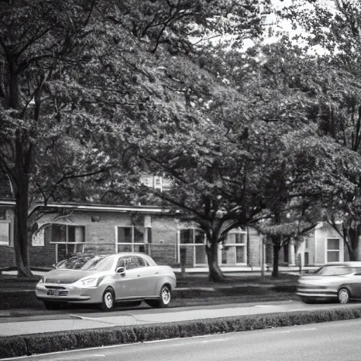 Image similar to nursing home clients running down the street find a car and start to drive. shallow depth of field. very dark and stormy