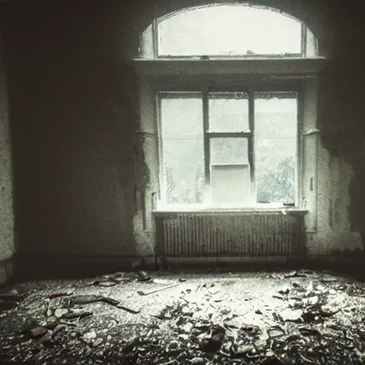 Image similar to Beautiful cameraphone, soft liminal foggy Photograph inside an abandoned estate-flat