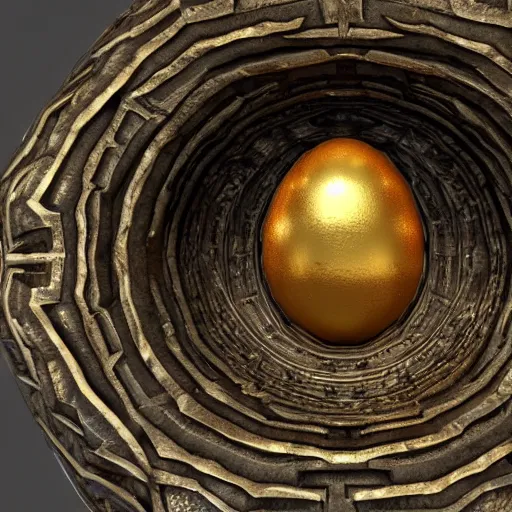 Prompt: a hyperdetailed dragon scale egg in a nest of gold, photorealistic, symmetrical, unreal engine