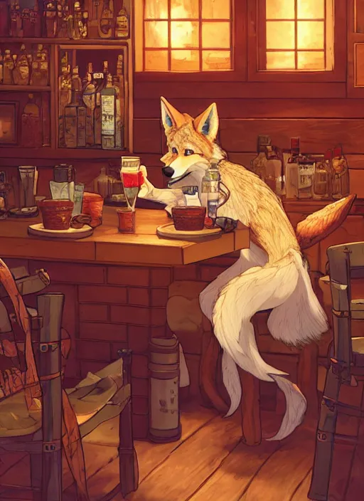 Image similar to anthro coyote fursona barmaid in a cozy tavern, hidari, color page, tankoban, 4K, tone mapping, Akihiko Yoshida.