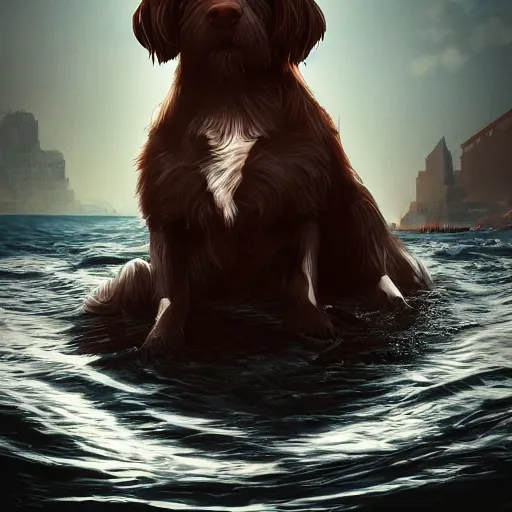 Image similar to dog in the water, stylized, artgerm, artstation, hd, cgsociety, cgi, realistic, dramatic, cinematic, artistic, trending, detailed