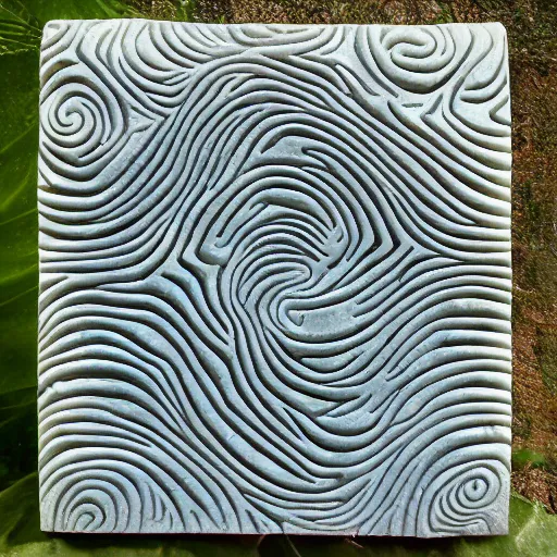 Image similar to serpentine twisty maze, thin lines, fractal, lichen macro, carved soapstone relief paneling white and pale blue