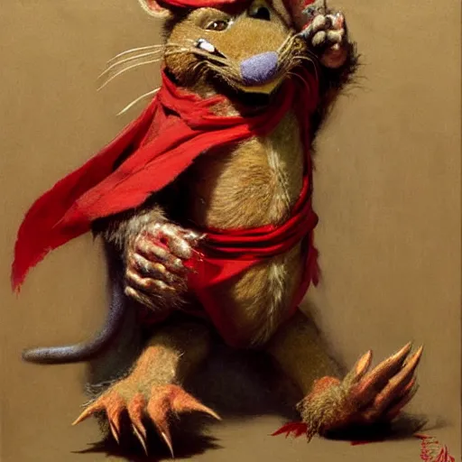 Image similar to a portrait of a furry splinter the rat from ninja turtles wearing a red kimono, hairy, furry body, furry arms, feet, tail. highly detailed painting by gaston bussiere, craig mullins, j. c. leyendecker, furry