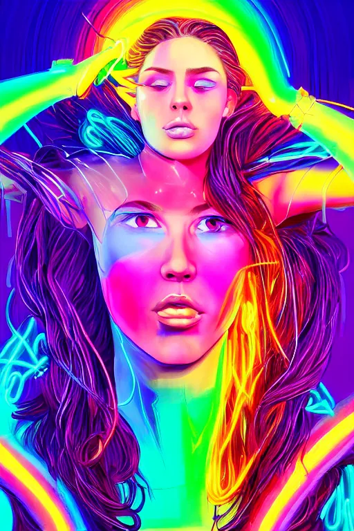 Image similar to a award winning half body portrait of a beautiful woman with stunning eyes in a croptop and cargo pants with rainbow colored ombre hairstyle head in motion and hair flying by thomas danthony, surrounded by whirling illuminated neon lines, outrun, vaporware, shaded flat illustration, digital art, trending on artstation, highly detailed, fine detail, intricate