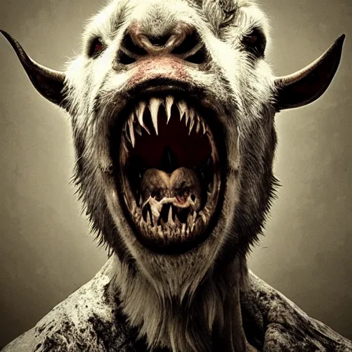 Image similar to horror photography, cinematic, moody, screeching mutant goat monster with a mouth crammed full of sharp teeth and filthy matted fur