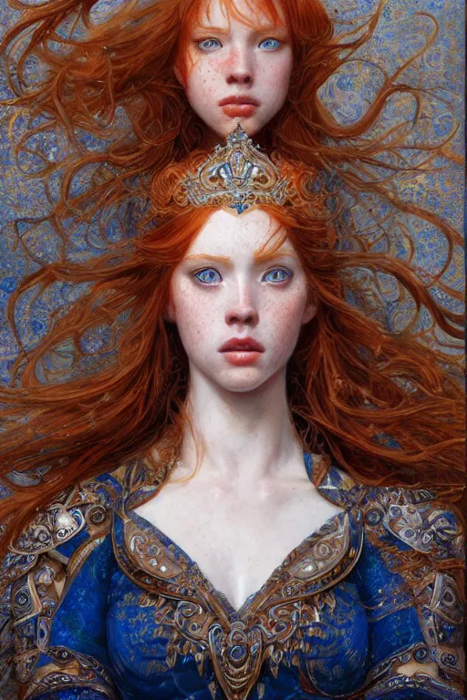 Prompt: photograph of a beautiful ginger girl with a small amount of freckles and one blue eye, exquisite detail, hyper realism, ornate, voluptuous, exquisite detail, masterpiece, cute face, princess, 4k, art by Donato Giancola and Bayard Wu and WLOP and Artgerm