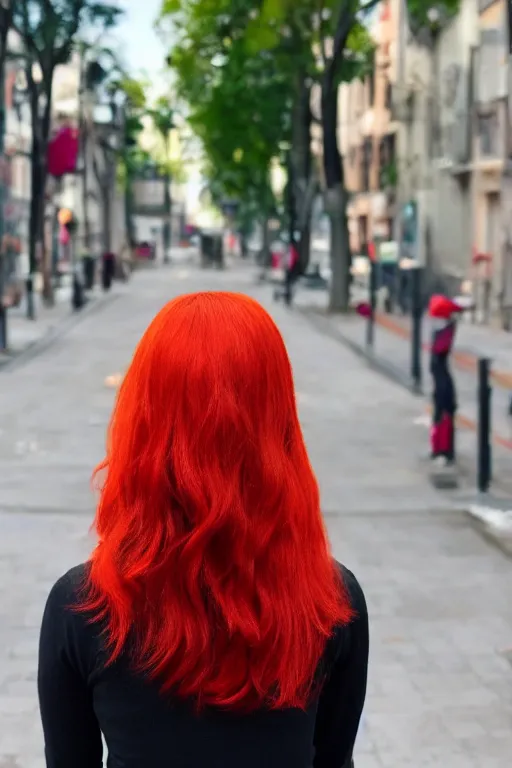 Prompt: red hair, standing in a street