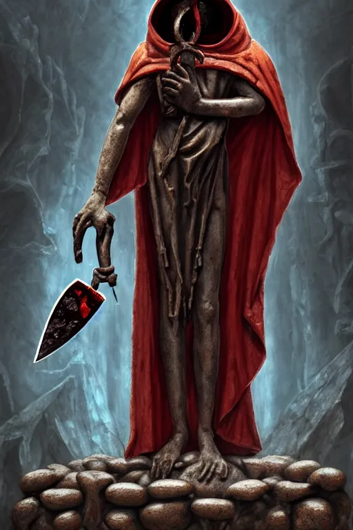 Image similar to an ancient statue of a hooded cultist is holding a bloody knife in one hand and a tomato on the other, standing in a forgotten temple to an eldritch god, by patrick mcenvoy and michael komarck and fantasy flight, incredible quality, trending on artstation