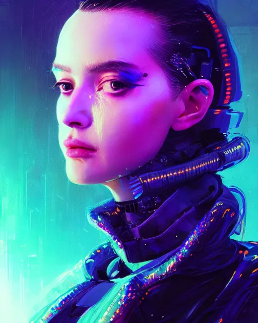 Image similar to detailed portrait of European Pretty Young Girl Sheen Holographic Jacket coat, Futuristic sci-fi fashion, royal attire cyberpunk, neotokyo, synthwave, aesthetics, futuristic, low-emission-neon, bladerunner movie scene by ismail inceoglu dragan bibin hans thoma greg rutkowski Alexandros Pyromallis Nekro Rene Margitte illustrated Perfect face, fine details, realistic shaded, fine-face, pretty face sharp chine