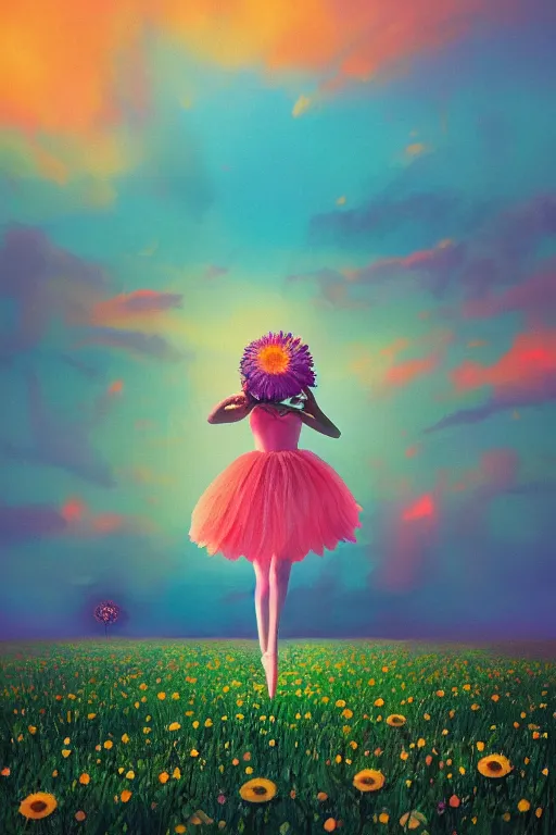 Image similar to giant daisy flower as head, girl ballet dancing in a flower field, surreal photography, sunrise, dramatic light, impressionist painting, colorful clouds, digital painting, artstation, simon stalenhag