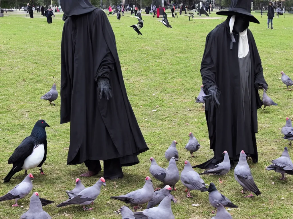 Image similar to plague doctor in the park feeding pigeons