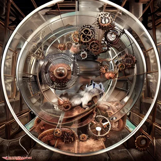 Image similar to a steampunk hamster engineer running inside a hamster wheel that looks like a cog connected to other cogs, highly detailed, photorealistic, artgerm, wlop, moebius, sharp focus, hd, 8 k, intricate