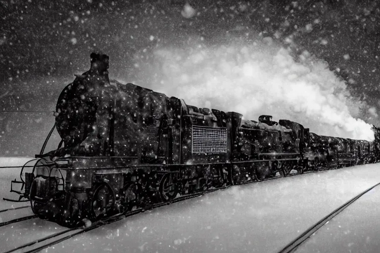 Image similar to an old locomotive rushing through snow storm in high speed, white steam on the side, dark smoke with fire! from the pipes, dynamic angled shot, speed lines, fire particles and snowflakes everywhere, 8 k, by edward hopper, 1 6 k, eerie moon eclipse cinematic scenery