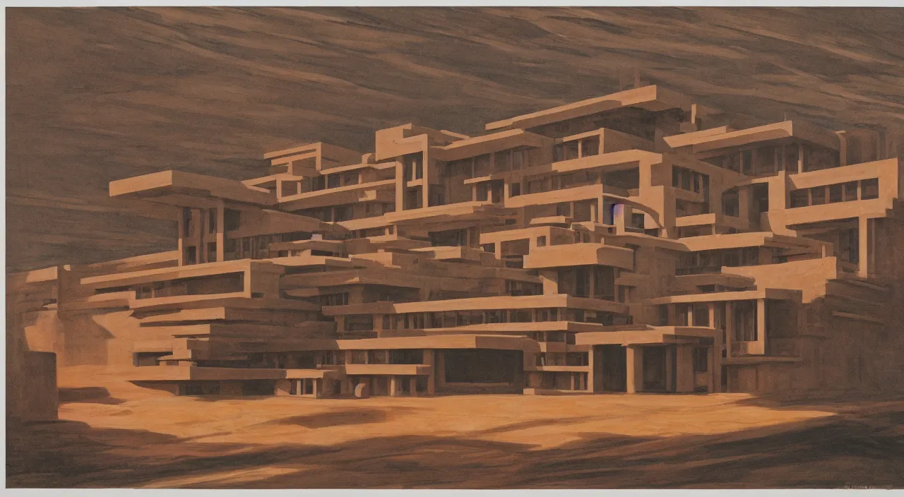 Image similar to chiaroscuro gouache by james gurney. building designed by frank lloyd wright. dune palace. composed by directory kurosawa ( 1 9 6 2 )