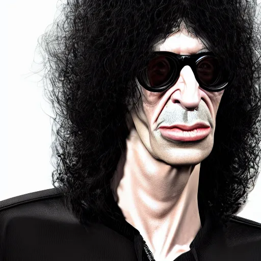 Image similar to The Lovechild of Joey Ramone and Howard Stern, real life, hyperrealistic, ultra realistic, realistic, highly detailed, epic, HD quality, 8k resolution, body and headshot, front facing, front view, headshot and bodyshot, detailed face, very detailed face