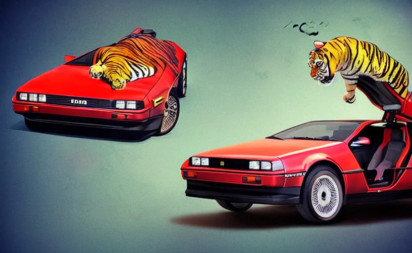 Image similar to a red delorean with a yellow tiger, art by hsiao - ron cheng & shinya edaki in a magazine collage style, # de 9 5 f 0