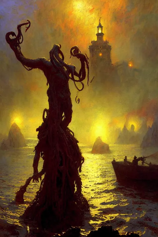 Image similar to the call of cthulhu painting by gaston bussiere, craig mullins