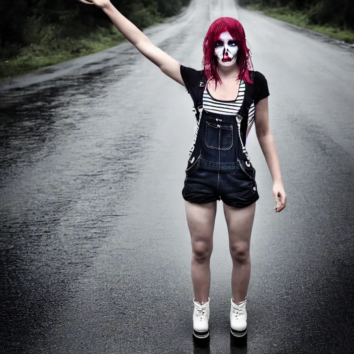 Prompt: fully body pose, photo of a very beautiful!! skull woman, overalls, short shorts, fishnets, combat boots, wet t shirt, raining, 8 k, hdr, smooth, sharp focus, high resolution, award - winning photo, trending on artstation, dslr, 5 0 mm