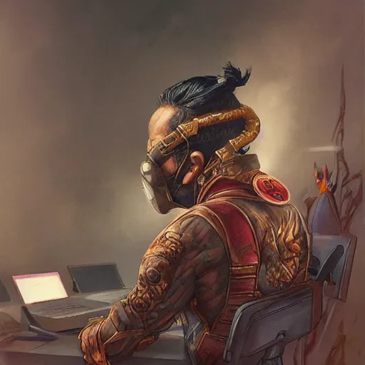 Image similar to an insanely detailed painting of a asian man wearing a homemade superhero costume and mask, sitting at a computer desk typing on the keyboard, in the style of peter mohrbacher, dramatic lighting and composition, trending on artstation, concept art, comic book, graphic novel, back view