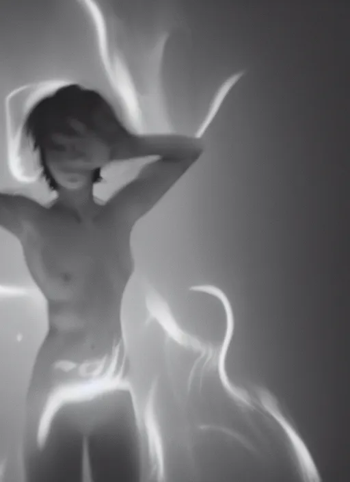 Image similar to female ascending, radiant glowing aura, motion blur, film grain, cinematic lighting, experimental film, shot on 1 6 mm, luminol light