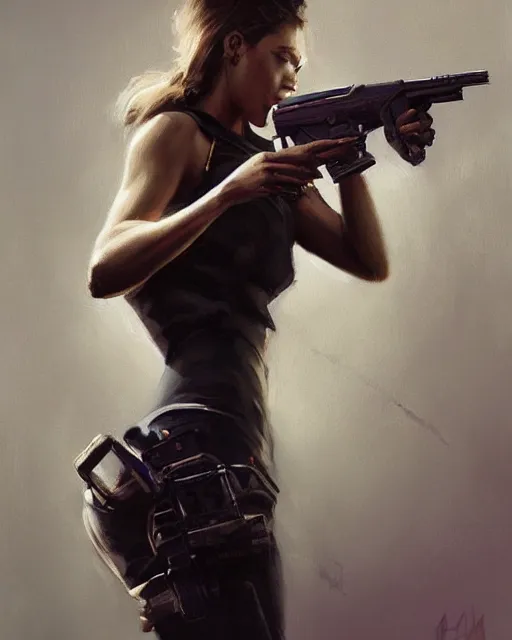 Image similar to Hyper realistic painting of a girl holding a gun, noir, hyper detailed, by greg rutkowski, trending on artstation