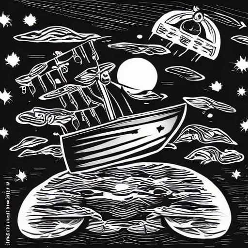 Prompt: pirate ship in space, style of hydro74, flat art, line