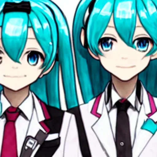 Image similar to hatsune miku and a businessman share domino's pizza