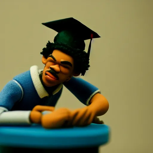 Image similar to a cinematic film still of a claymation stop motion film starring chance the rapper as a college student, shallow depth of field, 8 0 mm, f 1. 8