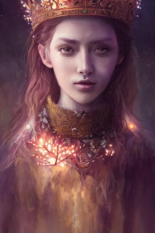 Prompt: queen of the nature, Crown of Wood, glowing lights. youthful attractive, artgerm, portrait, photo realistic by Yaşar VURDEM , ArtStation, muted colors, artstation, character concept art. sz Zak and Taro Okamoto and Gal Barkan, trending on artstation, high quality printing, fine art with subtle redshift rendering