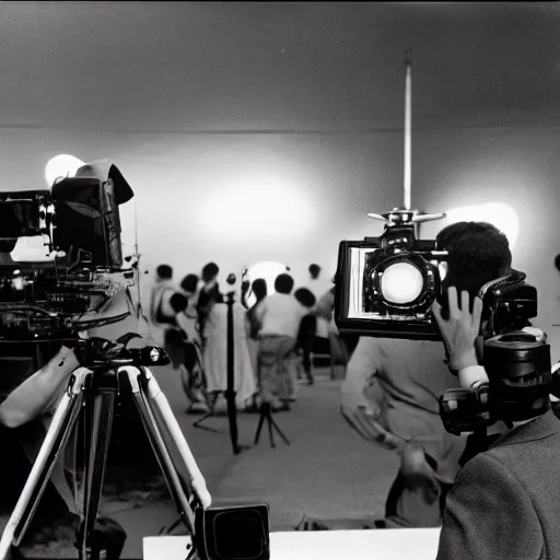 Image similar to Behind the scenes photo of the filming of a movie set on Venus, 1956, black and white, film grain