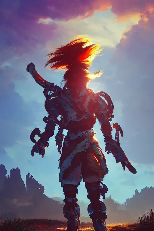 Image similar to combination suit armor aloy horizon forbidden west horizon zero dawn radiating a glowing aura global illumination ray tracing hdr fanart arstation by ian pesty and alena aenami artworks in 4 k tribal robot ninja mask helmet backpack